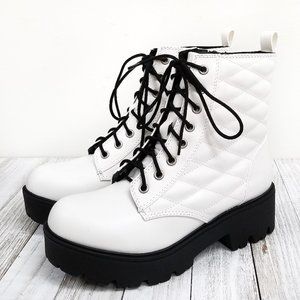 New White Quilt Lace Up Combat Boots Ankle Booties